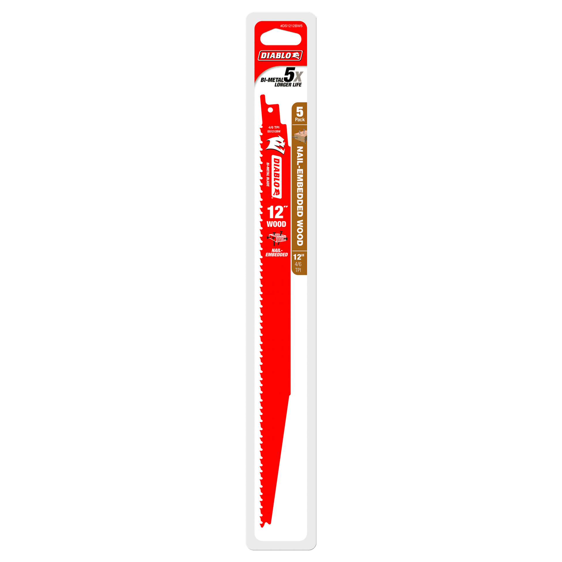 The Diablo DS1212BW5 12 4/6TPI bi-metal reciprocating saw blade pack offers a Perma-SHIELD® coating for durability and a 5X longer life. Designed for nail-embedded wood, its red and white packaging highlights its robust construction.